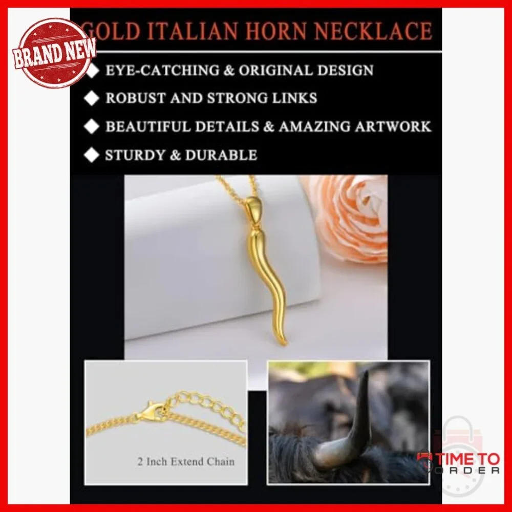 18K Gold Italian Horn Pendant Necklace with 20 Inch Chain
